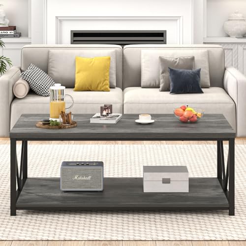 EXCEFUR Coffee Table, Rustic Wood and Metal Living Room Table, Industrial Rectangle Center Table with Storage Shelf, 47 Inch Grey - color: Grey, size: 47 inch