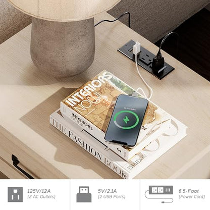 WAMPAT Beige Side Table with Charging Station, Elegant Nightstand for Bedroom with 2 Drawers & Open Shelf, Wooden End Table Bedside Table for Living Room, Kids Room - color: Beige