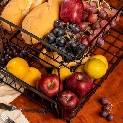 HOSY 2-Tier Metal Fruit Basket, 17-in Rectangle Black Standing Storage Rack | All-Metal, Removable Design, Tool-Free Assembly, Versatile Kitchen Countertop Organizer, Vegetables, Breads, Seasonings - size: 17-inch