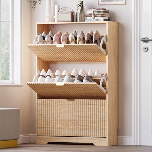 BORNOON Entryway Shoe Cabinet with 3 Flip Drawers, Narrow Shoe Organizer Cabinet with Fluted Panel and Adjustable Shelves for Foyer, Hallway - color: Oak, size: 3-Drawer