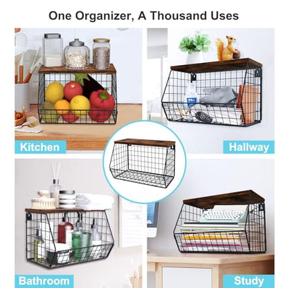 MSJGA Laundry Room Shelves Wall Mounted with Storage Basket - Stackable Wire Wall Shelves Organizer for Towels, Detergent, Tissues | Space-Saving Over Washer & Dryer, Small Spaces(11.8"Wx7.9"Dx8.5"H) - size: 8"D