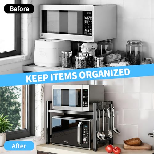 Microwave Oven Rack, 2-Tier Heavy Duty Adjustable Shelf Microwave Stand, Expandable Kitchen Countertop Shelf Organizer with 6 Hooks, 110lbs Weight Capacity for kitchen organizers and storage, Black - size: Adjustable 2 Tier