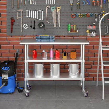 AmGood Stainless Steel Work Table with 2 Shelves and Casters | Metal Utility Table On Wheels (Stainless Steel Work Table with 2 Shelves + Casters, 48" Long x 18" Deep) - size: 48" Long x 18" Deep