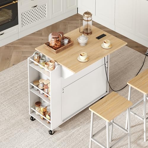 RALGEND Kitchen Island with Power Outlets & Drop Leaf, Rolling Kitchen Cart on Wheels, Kitchen Storage Island with Spice Rack and Drawer, Mobile Island Table for Kitchen, Dinning, White and Natural - color: White + Natural