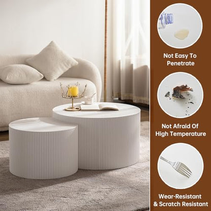 Round Nesting Coffee Table Set of 2 Modern Cream Fluted Coffee Table Small Round End Table Crescent Side Table Circular Coffee Tables Nested Coffee Tables for Living Room (Cream Large) - color: Cream Large