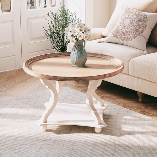 COZAYH Coffee Table - Round Farmhouse Coffee Table - Wood Tray Top, White | 32 in Diameter, 20 in Height, Lower Shelf Storage, Raised Edge, Curved Legs, MDF Construction, 50 lb Capacity - size: 1-Pack Coffee Table