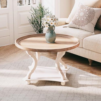 COZAYH Coffee Table - Round Farmhouse Coffee Table - Wood Tray Top, White | 32 in Diameter, 20 in Height, Lower Shelf Storage, Raised Edge, Curved Legs, MDF Construction, 50 lb Capacity - size: 1-Pack Coffee Table