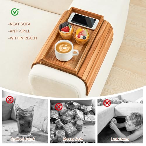 GEHE Acacia Wood Sofa Arm Tray, Foldable Couch Arm Tray Side Table, Anti-Falling Armrest Tables Cup Holder for Snacks, Drinks, Beers, Phone, Control, Flexible and Portable, Anti-Slip - color: Acacia Wood