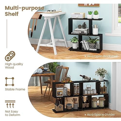 Tangkula 2 Tier Geometric Bookshelf, Freestanding Wood Display Shelf, Home Office Room Divider S Shaped Open Bookcase, Small Bookshelf for Small Spaces, Living Room, Study (Black, 1) - color: Black, size: 1