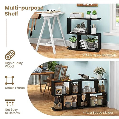 Tangkula 2 Tier Geometric Bookshelf, Freestanding Wood Display Shelf, Home Office Room Divider S Shaped Open Bookcase, Small Bookshelf for Small Spaces, Living Room, Study (Black, 2) - color: Black, size: 2
