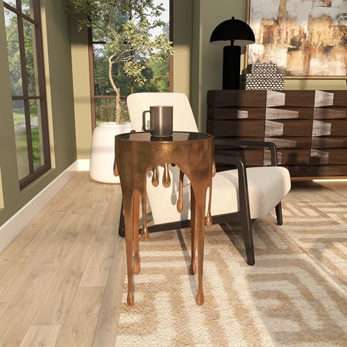 Deco 79 Aluminum Metal Contemporary Table with Abstract Drip Design, Copper Side Table, Accent Melting Legs and Black Glass Top, 16" x 16" x 25", Copper - color: Copper