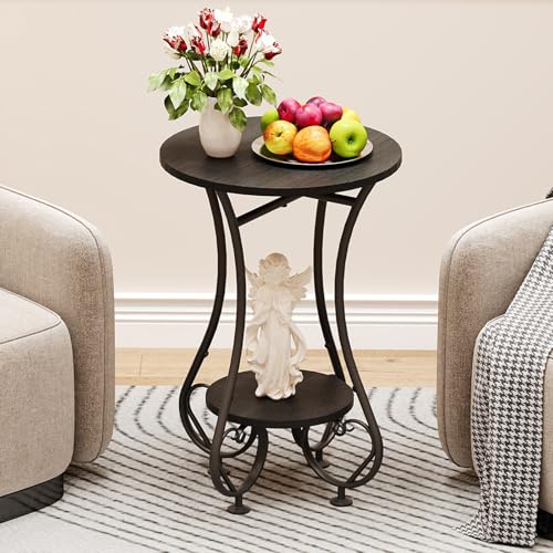 X-cosrack Small Round Side Table,Round End Table for Small Spaces - Black Metal Nightstand with Adjustable Feet,Couch Sofa Coffee Table,Retro Accent Table for Living Room Bedroom Balcony - color: Black Spliced Wood