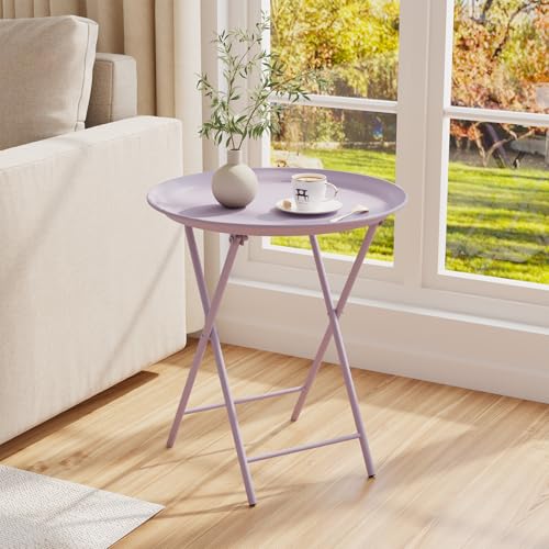 Garden 4 you Folding TV Tray Table, Metal Round Side Table, Purple Dinner Table with Metal Frame, Modern Outdoor Tray Table for Living Room, Bedroom, Patio & Small Spaces, 1 Pack - color: Purple, size: 1 PC