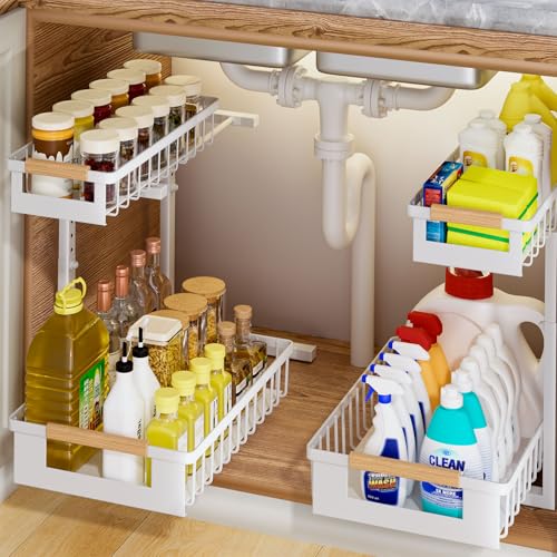2 Pack Under Sink Organizer, 2 Tier Pull Out Cabinet Organizer with 5-Level Adjustable Height, Sliding Metal Storage Rack for Kitchen Bathroom Pantry, White - color: White-2 Pack