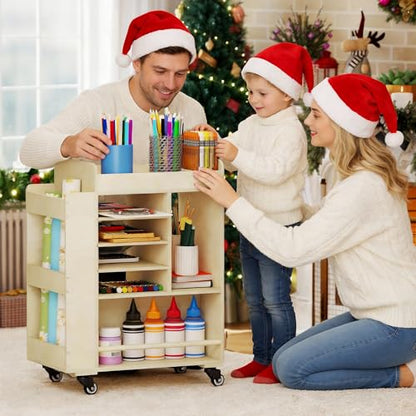 Art Cart Rolling Wood, Arts and Crafts Supply Organizer, Multi-Functional Art Organizer Cabinet, Compact DIY Utility Cart with Bookshelf, Small Art Supply Storage for Classroom Office Bedroom