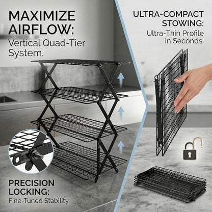 4-Tier Collapsible Cooling Rack for Baking | Adjustable Stackable Wire Rack for Cookies, Cakes & Roasting | Space-Saving Foldable Design for Small Kitchens & Camping (Black) - color: Black