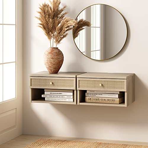 Nathan James Jackson Wall Mounted Rattan Floating Bedroom Nightstand with Storage Drawer and Modern Open Shelf Cubby, Light Oak/Rattan, Set of 2 - color: Light Oak/Rattan, size: Set of 2