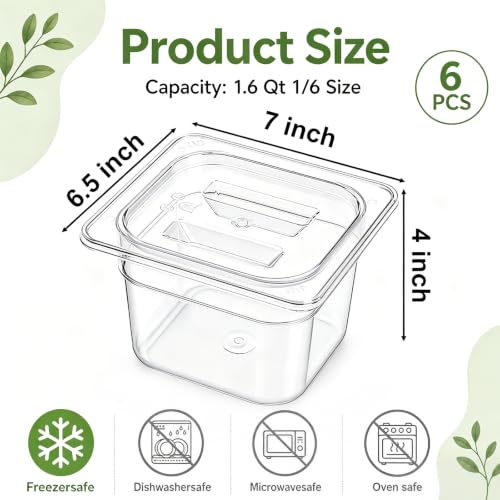 Bekith 6 Pack 1/6 Size Plastic Clear Food Pans with Lids for Kitchen Restaurant Food Prep, 4 Inches Deep