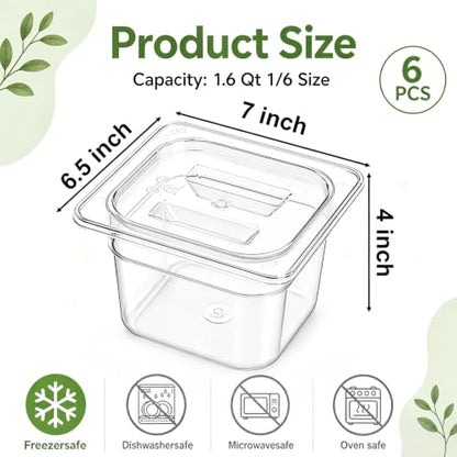 Bekith 6 Pack 1/6 Size Plastic Clear Food Pans with Lids for Kitchen Restaurant Food Prep, 4 Inches Deep