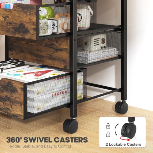 Rolling Cart with Drawers, Wooden Top and Front, with Wheels Metal Under Desk Storage Cart with 4 Drawers, for Office, Bedroom, Classroom, Home, Rustic Brown - color: Rustic Brown