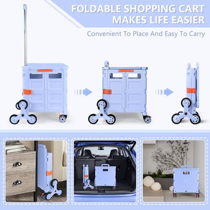 Foldable Utility Cart Folding Portable Rolling Crate with Magnetic Extended Lid,360°Rotate Wheels,176LBS Load Capacity,Heavy Duty Durable Dolly Cart(Blue) - color: Blue, size: Magnetic Extended Lid &Climber Wheels