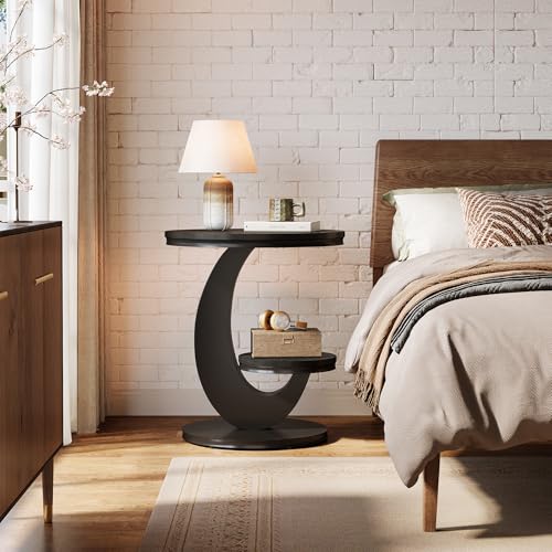 Tribesigns Round End Table Set of 2, 2 Tiers Side Table with Storage Shelf, Sofa Side Bedside Nightstand with Metal Arc-Shaped Frame for Small Spaces, Living Room, Bedroom, Black (2PCS) - color: Black