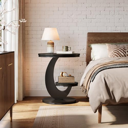 Tribesigns Round End Table Set of 2, 2 Tiers Side Table with Storage Shelf, Sofa Side Bedside Nightstand with Metal Arc-Shaped Frame for Small Spaces, Living Room, Bedroom, Black (2PCS) - color: Black