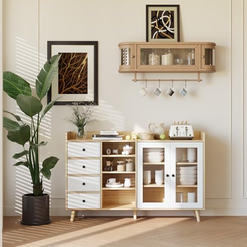 GarveeLife 55" Large Sideboard Buffet Cabinet with Storage, 30" Tall Modern Kitchen Storage Cabinet,Adjustbale Shelf, Coffee Bar, Long Accent Table for Dining Room, Living Room, Entryway, Natural Oak - color: Natural Oak