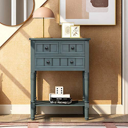 MTHOUSE Solid Wood Narrow Console Table, Entryway Table for Hallway & Living Room, Slim Sofa Table with 3 Drawers & Shelf, Easy Assembly Storage Furniture (Navy) - color: Navy