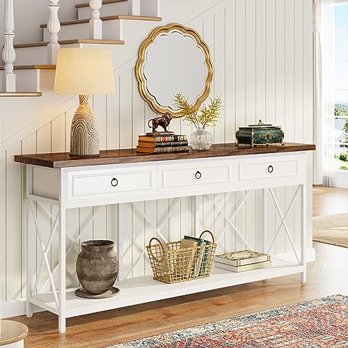 Tribesigns 70.8" Console Table with 3 Drawers, Farmhouse Entryway Table with Storage Shelf, Narrow Long Sofa Foyer Table for Entryway, Hallway (White/Brown) - color: White/Brown
