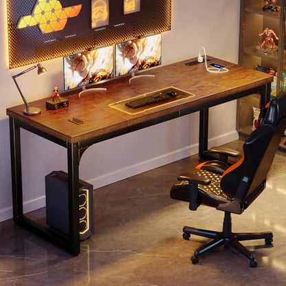 Computer Desk with Power Outlets, 63 Inch Large Home Office Desk with Deeper & Thicker Desktop Modern Gaming Desk Study Writing Work Desk, Metal Frame, Rustic Brown - size: 63 Inch