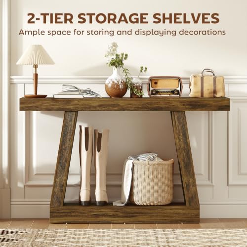 HOMCOM 55.1" Narrow Entryway Table with Thickened Tabletop Rustic Brown | 2-Tier Farmhouse Console Table, Storage Shelf, Trapezoidal Base, for Behind Couch Sofa, Living Room, Hallway, Entrance - size: 55.1" W