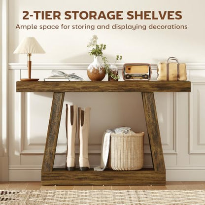 HOMCOM 55.1" Narrow Entryway Table with Thickened Tabletop Rustic Brown | 2-Tier Farmhouse Console Table, Storage Shelf, Trapezoidal Base, for Behind Couch Sofa, Living Room, Hallway, Entrance - size: 55.1" W