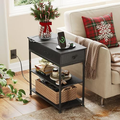 WLIVE 3-Tier Narrow Side Table with 2 USB Ports and 2 Outlets, Flip Top Black End Table with Drawer and Storage Shelves, Small Nightstand with Charging Station for Living Room/Bedroom - color: Black