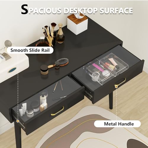FUNKOCO Black Small Writing Desk with Drawers, 40 Inch Writing Desk for Home Office, Vanity Desk with Solid Wood Leg for Small Spaces