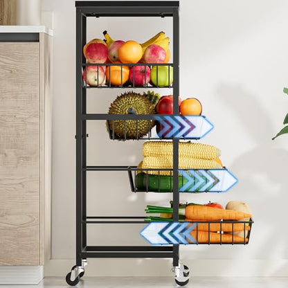 Snack Cart, 5-Tier Kitchen Carts on Wheels with Storage,Fruit Basket Stand with Pull-Out Baskets and Wood Top,Kitchen Organizer for Fruit Vegetable Snack (Black) - color: Black