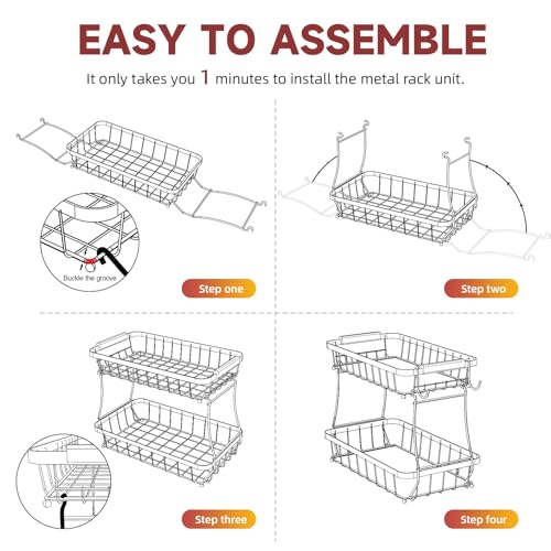 Sevenblue 3-Tier Fruit Basket with Banana Hangers, Detachable Metal Bowl | Wooden handle, protective mats included. Versatile holder for bread, snacks, and veggies. Large 3 tier metal design. - color: Black, size: 3 Tier Standard