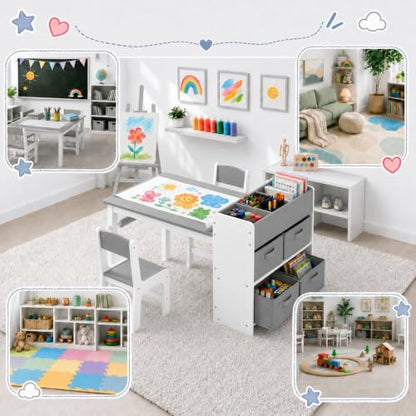 Kids Art Table & 2 Chairs Set, Wooden Activity Craft Desk w/ Paper Roll | Sturdy Wooden Table with Organizers, Open Shelves, Removable Bins, for Toddlers Art Crafts Drawing Painting Writing (Grey) - color: Grey