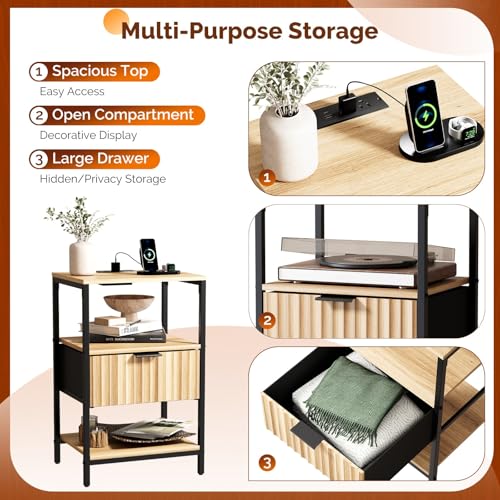VINGLI Nightstands Set of 2 with Fabric Drawer, Fluted Nightstand with Charging Station, Oak Night Stand Set 2 Bed Side Tables, End Tales Bedroom with Charger Station, 14.96"W*11.81"D*23.7"H, 2 pcs - color: Oak, size: 15"W-1 Drawer 2 Shelf