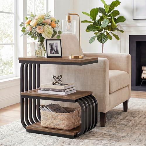 Tribesigns Small Narrow End Table with Storage Shelf, Industrial Side Tables with Curved Metal Frame, 3-Tier Accent Table and Nightstand for Living Room, Bedroom, Small Space (1, Brown) - color: Brown