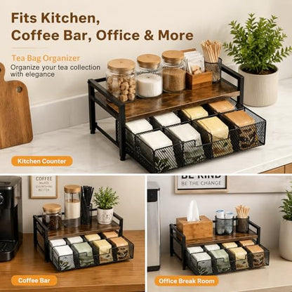 8-Drawer Tea & K-Cup Storage Organizer for Countertop | 8 large drawers，Iron & wood, fits tea bags & K-Cups, dust-proof，space-saving，for countertop or drawer，easy-clean