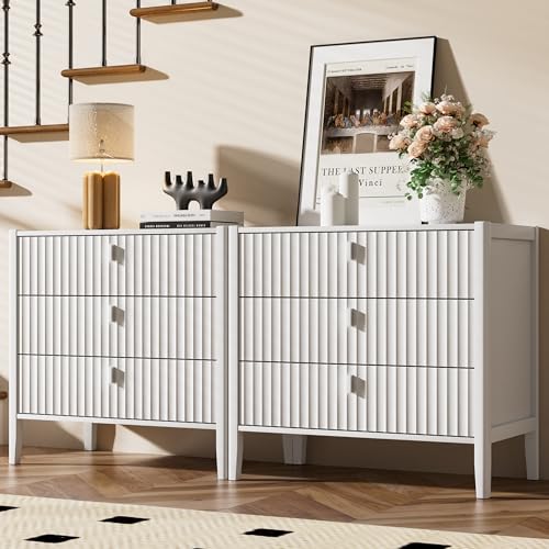 Furniway Nightstand Set of 2, Modern End Table with Solid Wood Legs, Bedside Table with 3 Drawers and Metal Handles for Bedroom, White - color: White, size: 17.7"D x 31.5"W x 29.5"H (2 Piece)