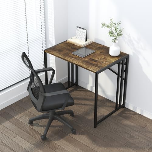 Lutown-Teen 32 inch Small Folding Computer Desk, Writing Gaming Computer Desk for Small Spaces, No Assembly Required Home Office Desk, Rustic Brown - color: Rustic Brown, size: 32 Inch