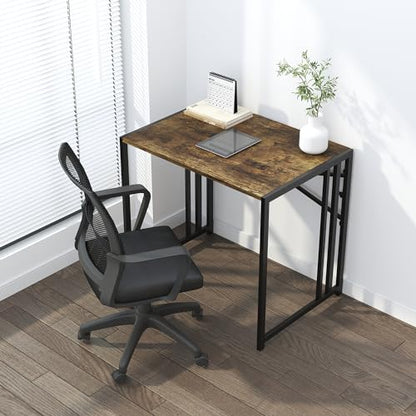 Lutown-Teen 32 inch Small Folding Computer Desk, Writing Gaming Computer Desk for Small Spaces, No Assembly Required Home Office Desk, Rustic Brown - color: Rustic Brown, size: 32 Inch