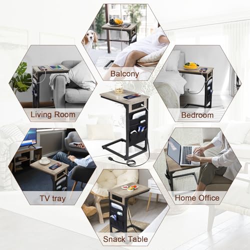 AMHANCIBLE C Shaped End Table with Charging Station, Couch Side Tables that Slide Under Sofa with Storage Bag, Slim TV Tray with USB Ports and Power Outlets for Living Room, Bedroom, Grey HET04CGY - color: Grey