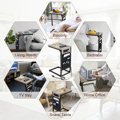 AMHANCIBLE C Shaped End Table with Charging Station, Couch Side Tables that Slide Under Sofa with Storage Bag, Slim TV Tray with USB Ports and Power Outlets for Living Room, Bedroom, Grey HET04CGY - color: Grey