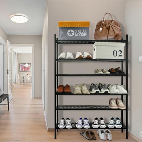 Shoe Rack, 4-Tier FreeStanding Shoe Shelf Stand, Stackable Shoe Storage Organizer for Closet, Holds up to 20-24 Pairs of Shoes for Entryway, Garage, Front Door Entrance, Metal, Black - size: 4 Tier