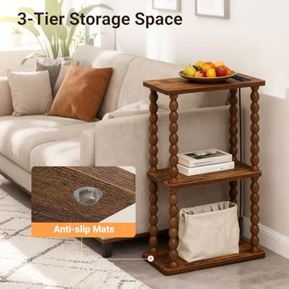 ELYKEN Narrow Side Table with Charging Station, 3-Tier Skinny Bedside Table | Small End Tables Living Room with USB Port and Outlet, Nightstands with Storage Shelf for Bedroom - color: Rustic Brown