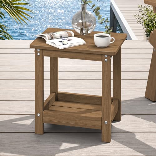 LUE BONA Small Outdoor Side Table, 2-Tier HDPE with Rail, Walnut Brown | Outdoor End Table with Rail for Patio, Deck, Poolside, Weather Resistant HDPE, Low Maintenance, Easy to Clean - color: Walnut Brown