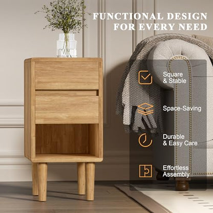 Nightstand 2 Drawers with Open Shelf Narrow Night Stand Solid Wood Bedside Table Mid Century Modern Nightstand Wooden End Table for Bedroom, Study, Office - color: Natural-2d, size: 15.75''×11.8''×23.62''